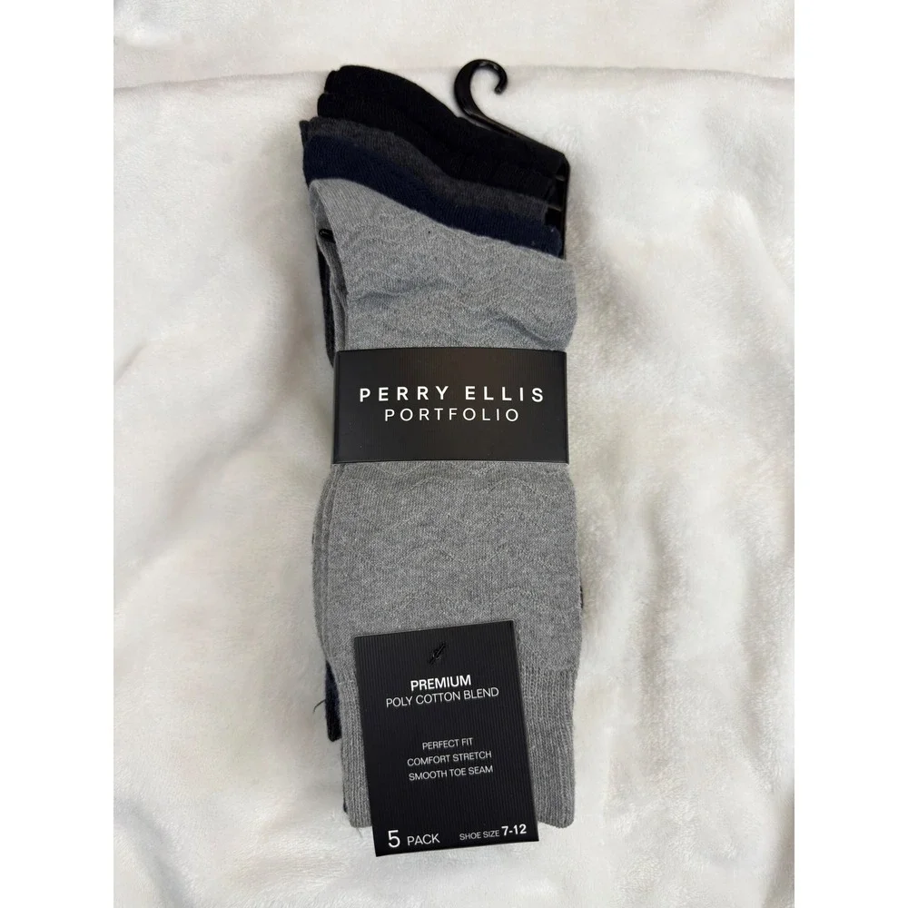 Perry Ellis Portfolio Mens 5 Pack Dress Socks Black Grey Navy Blue New Sz 7-12